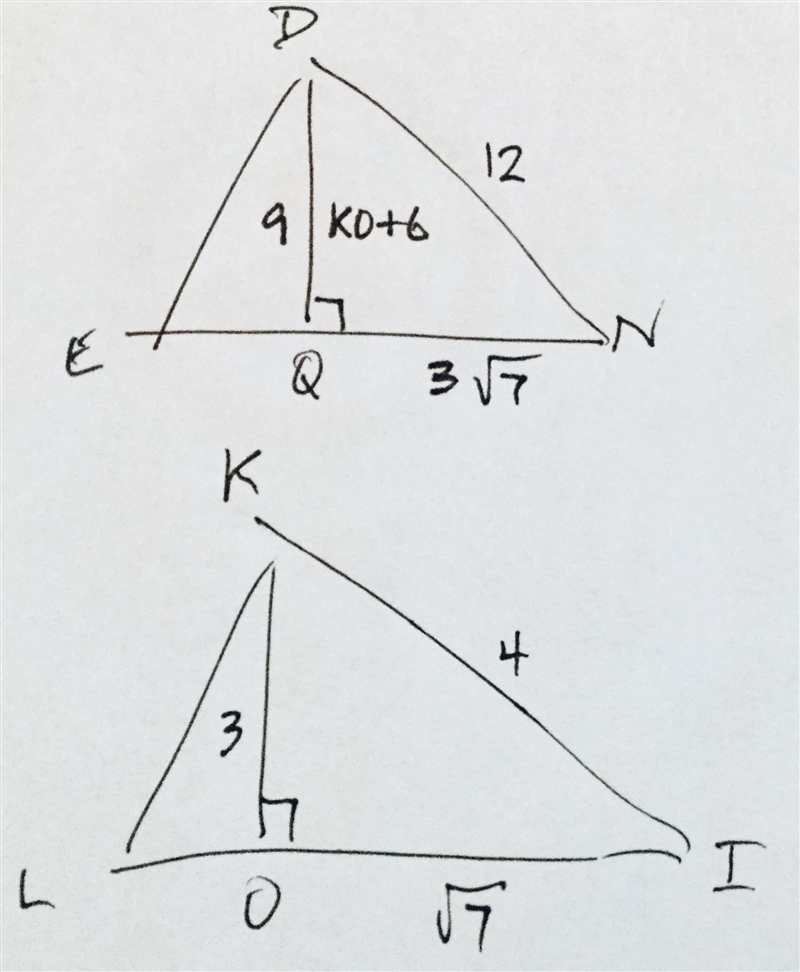 Given: △EDN∼△LKI, DQ , KO are altitudes, DN=12, KI=4, DQ=KO+6. Find: QN and OI.-example-1