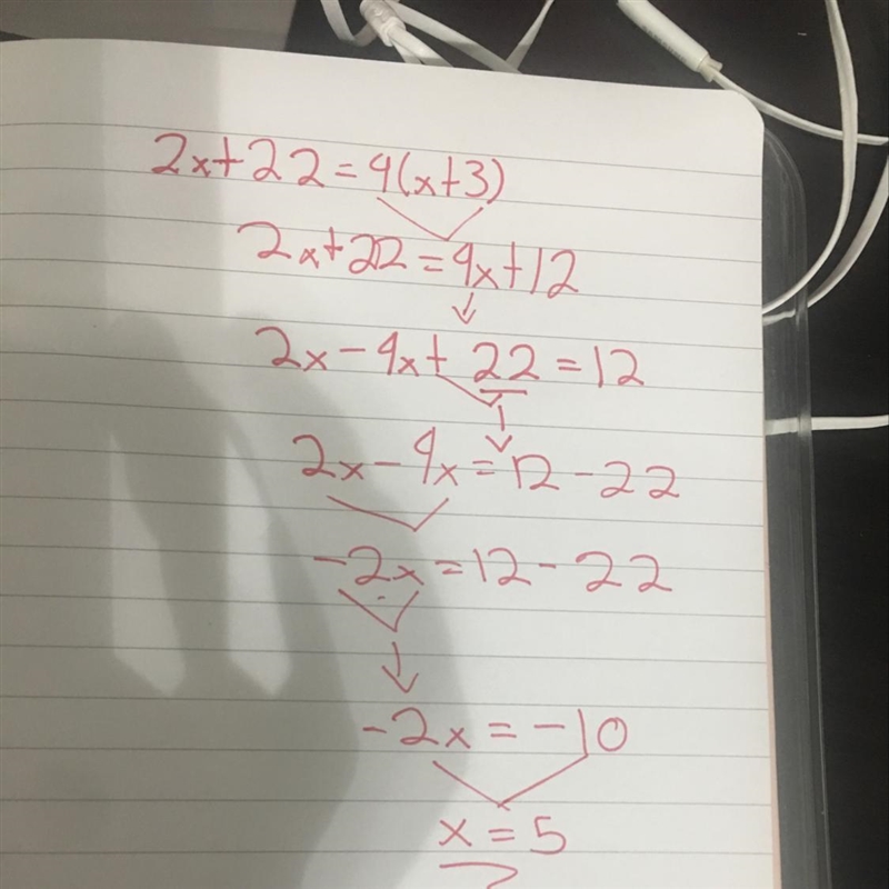 Solve for x 2x+22=4(x+3)-example-1