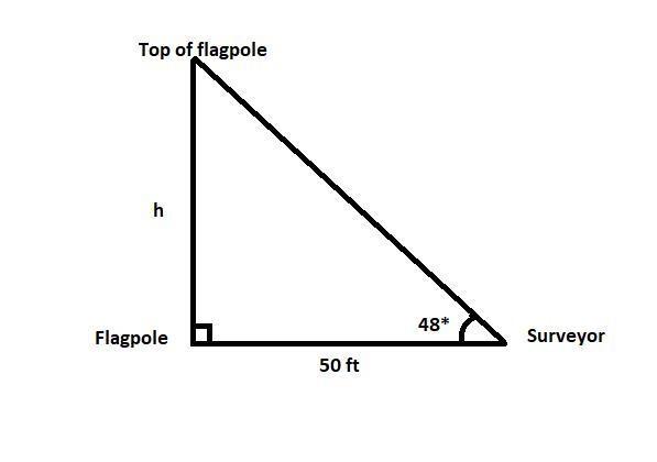 A flagpole stands in the middle of a flat, level field. 50 feet away from its base-example-1