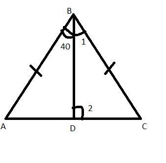 Given: AB ≅ BC BD − median of ΔABC, m∠ABD = 40° Find: m∠ABC, m∠BDC-example-1