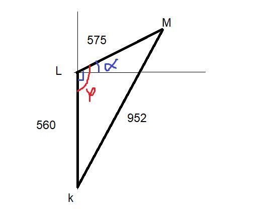 An airplane started at point K, travelled 560 miles to point L, adjusted its route-example-1