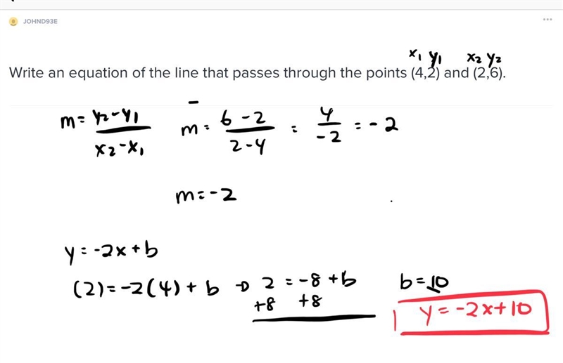 Write an equation of the line that passes through the points (4,2) and (2,6).-example-1