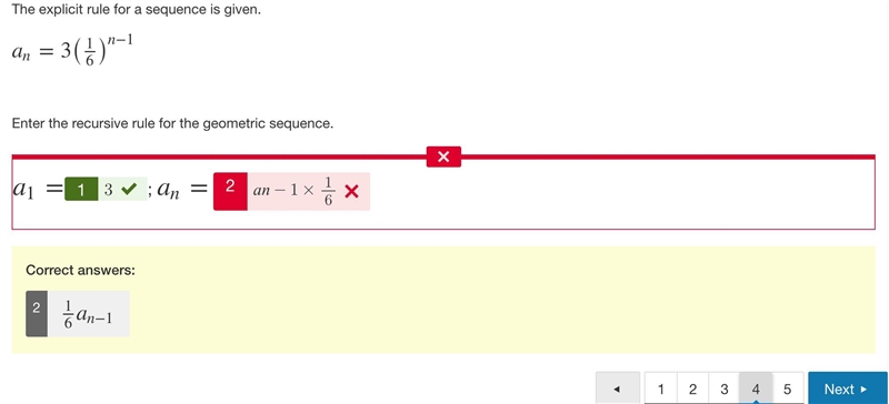 The explicit rule for a sequence is given. an=3(1/6)^n−1 Enter the recursive rule-example-1