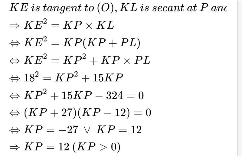 Given: Circle k(O), O∈ PL KE - tangent at E KE=18, PL=15 Find: KP-example-1