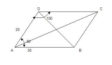 A parallelogram has sides 20cm and 30cm with an angle of 80 between the two sides-example-1