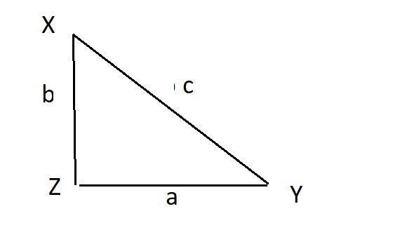 Triangle X Y Z is shown. Angle X Z Y is a right angle. The length of Z X is b, the-example-1