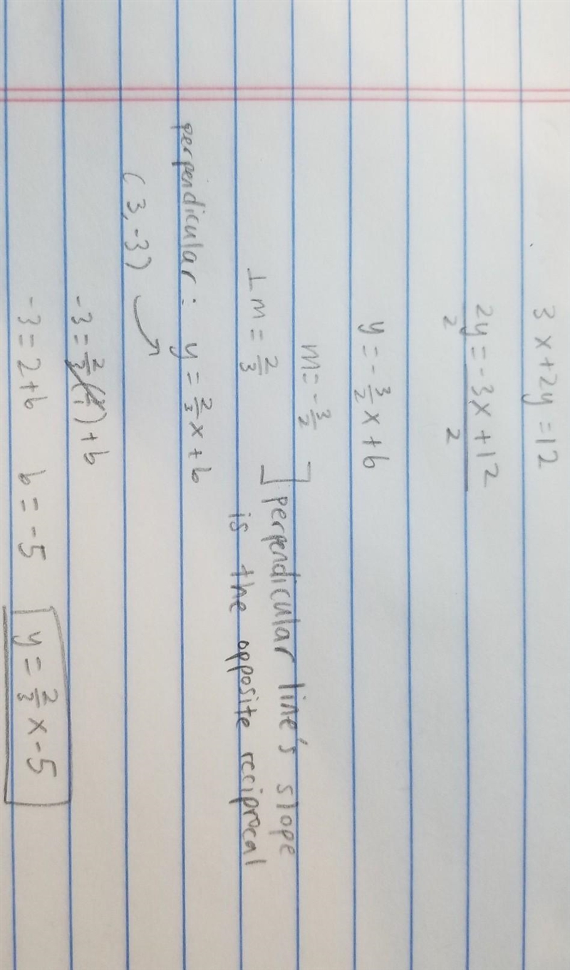 What is an equation of the line that passes through the point (3,-3) and is perpendicular-example-1