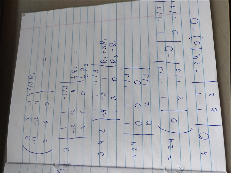 Find the? inverse, if it? exists, for the given matrix. @MATX{{3;3;-1};{-12;-12;4};{2;6;0}}-example-1