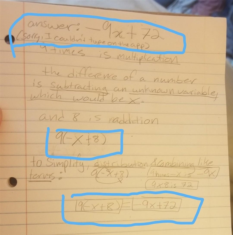 Translate the phrase "" Nine times the difference of a number and 8&quot-example-1