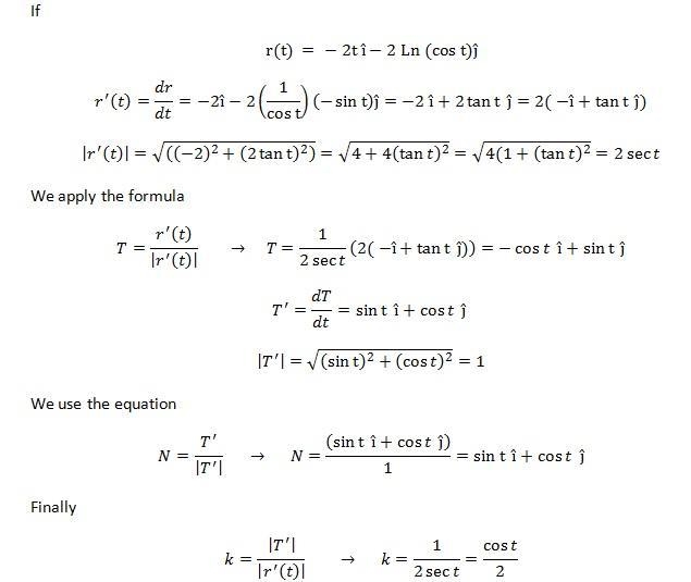 Find T, N, and k for the plane curve r(t) = - 2t i - 2 In (cos t) j, for -π/2 &lt-example-1