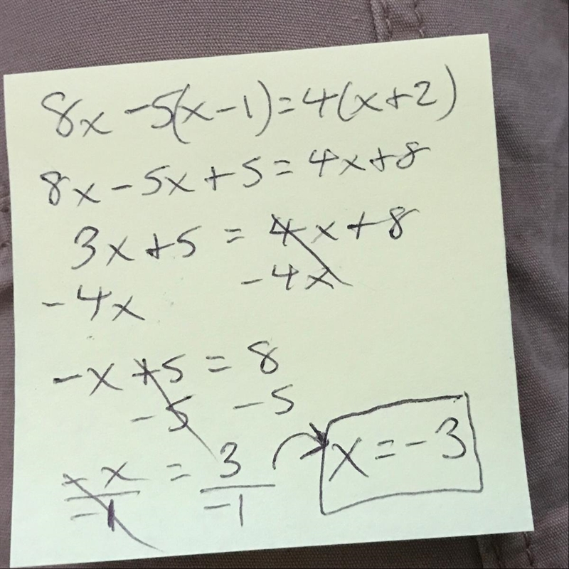 8x -5(x - 1) = 4(x + 2) solve for x, and show work please.-example-1