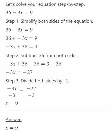 Solve. 36 – 3x = 9 A. –12 B. –9 C. 9 D. 15 Please select the best answer from the-example-1