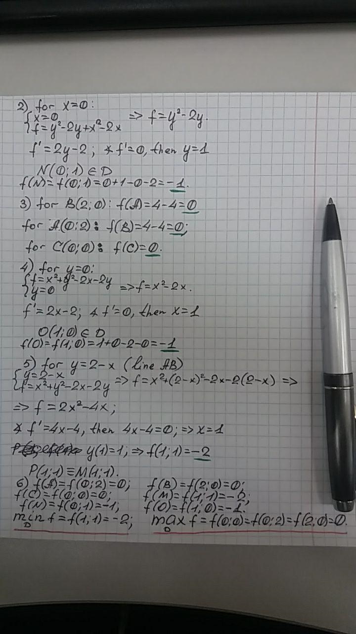 Find the absolute maximum and minimum values of f(x.y)=x^2+y^2-2x-2y on the closed-example-2