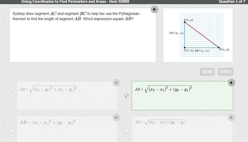 Sydney drew segment AC and segment BC to help her use the Pythagorean theorem to find-example-1