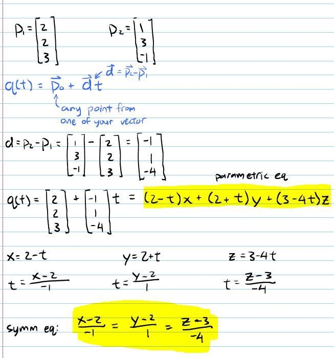 Find the parametric and symmetric equations for the line passing through the points-example-1