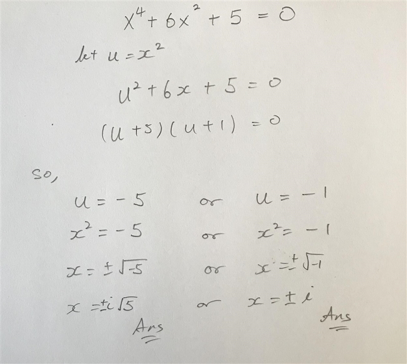 What are the solutions of the equation x4 + 6x2 + 5 = 0? Use u substitution to solve-example-1