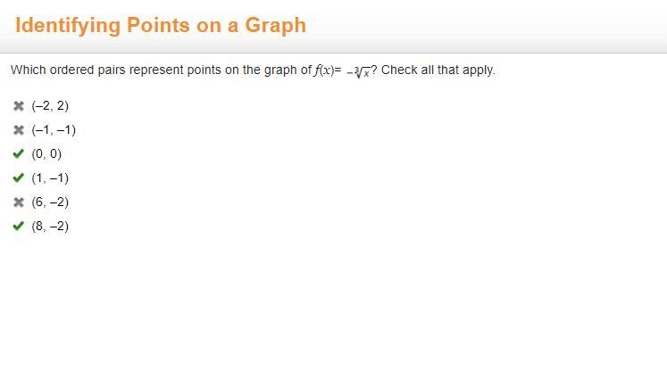 Which ordered pairs represent points on the graph of f(x)=-3 square root over -x ? Check-example-1