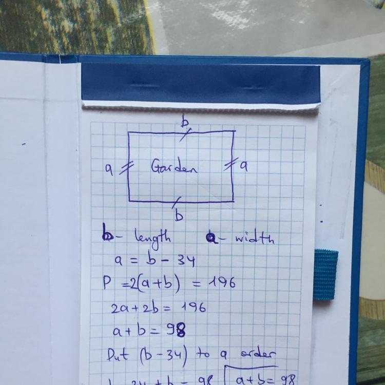 The perimeter of a rectangular garden is 196 meters. The width of the garden is 34 meters-example-1