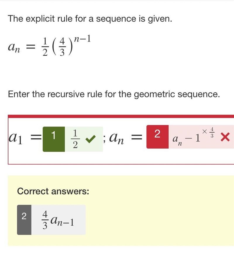 The explicit rule for a sequence is given an=1/2 (4/3) n-1 Enter the recursive rule-example-1