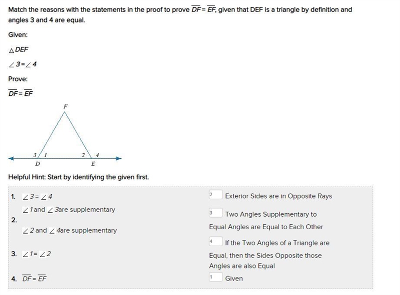 Match the reasons with the statements in the proof to prove DF = EF, given that DEF-example-1