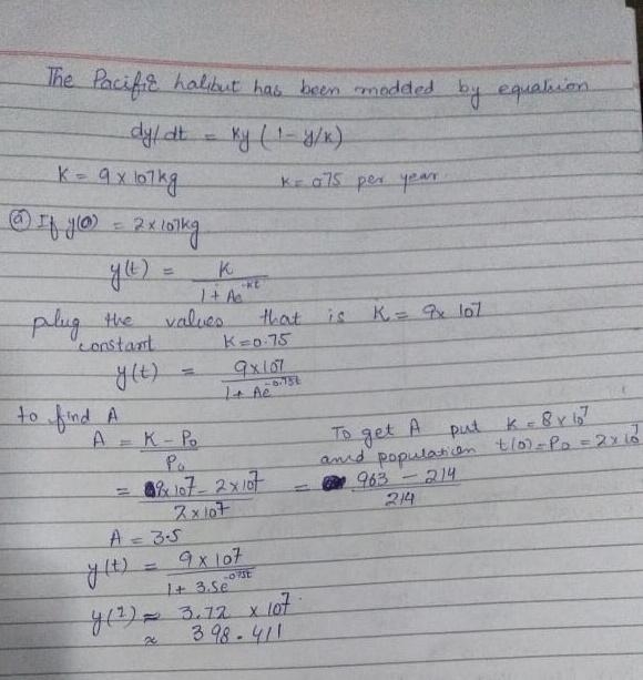 The Pacific halibut fishery has been modeled by the differential equation dy dt = ky-example-1