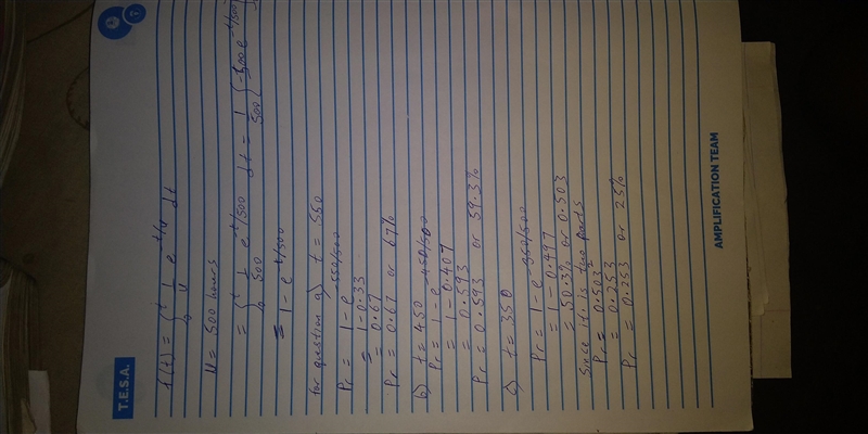 A certain part has an exponential life distribution with a mean life (MTBF) of 500 hours-example-1