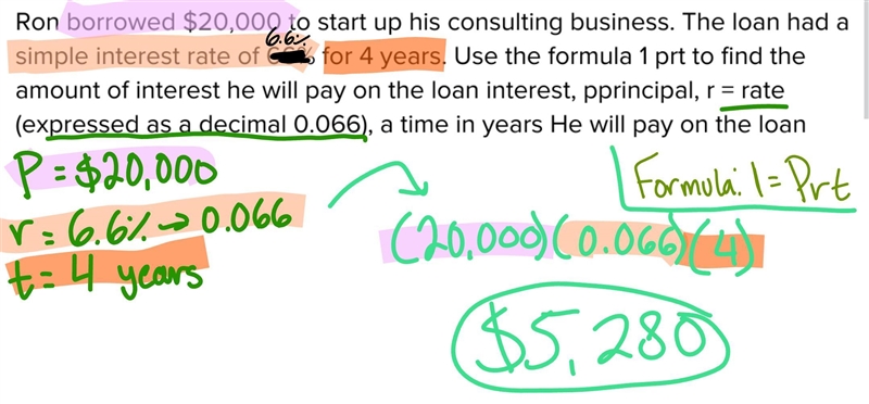 Ron borrowed $20,000 to start up his consulting business. The loan had a simple interest-example-1