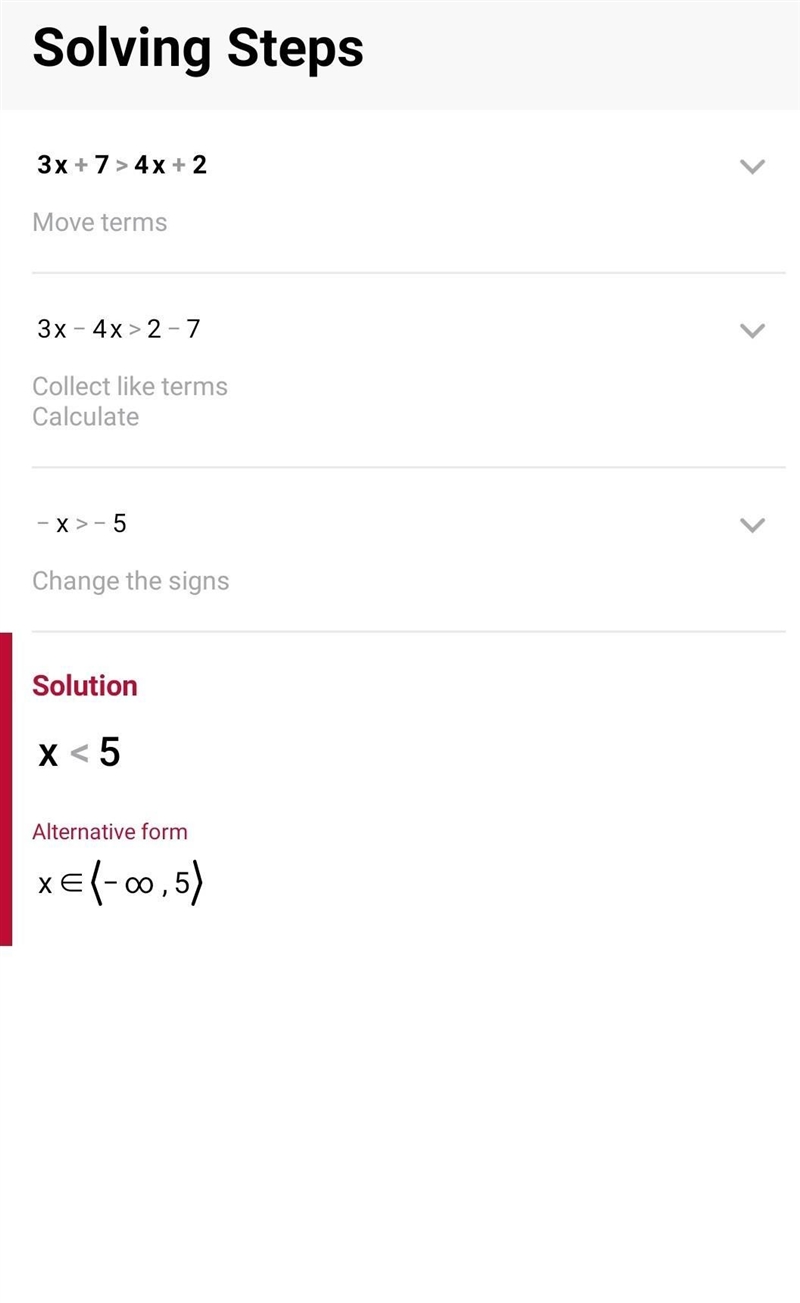 Solve the inequality. 3x + 7 > 4x + 2 A) x > 5 B) x < 5 C) x > 9 D) x-example-1