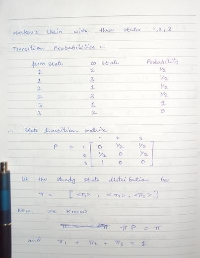 A Markov chain has 3 possible states: 1, 2, and 3. Every hour, it makes a transition-example-1