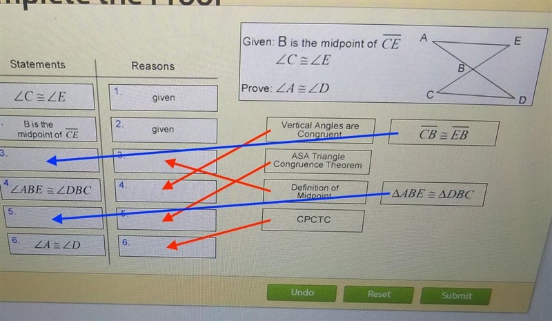 given B is the midpoint of line CE, Angle C is congruent to angle E. prove angle a-example-1