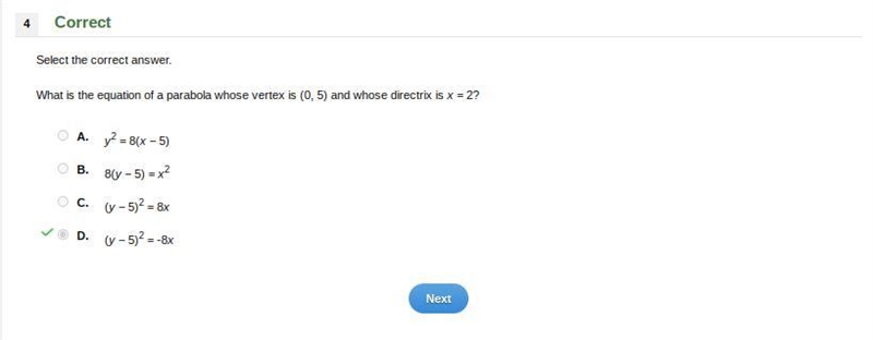 What is the equation of a parabola whose vertex is (0, 5) and whose directrix is x-example-1