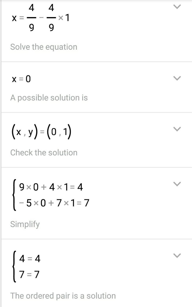 Solve the following system of equations. 9x + 4y = 4 -5x + 7y = 7-example-2