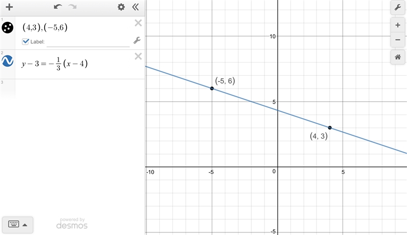 Find an equation for the line that passes through the points 4,3 and , −5,6 .-example-1