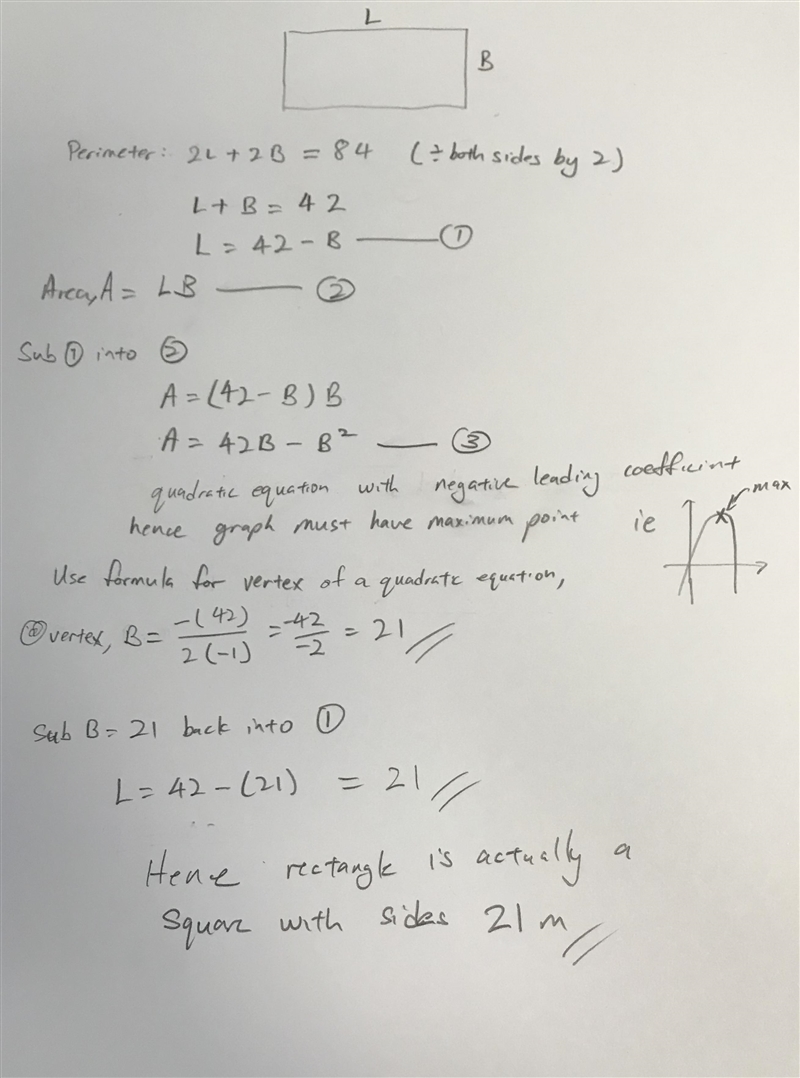 Find the dimensions of a rectangle with perimeter 84 m whose area is as large as possible-example-1