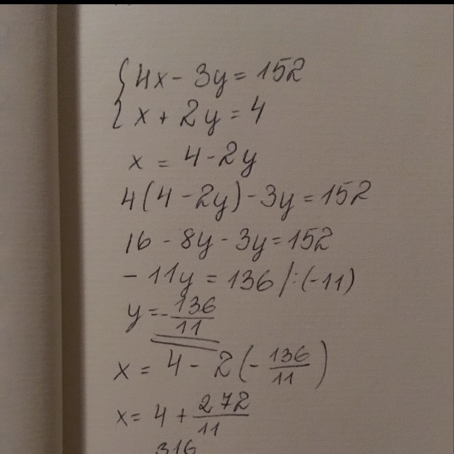 What is the solution of the system of equations? {4x−3y=152x+2y=4-example-1