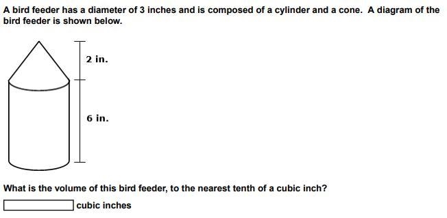 A bird feeder has a diameter of 3 inches and is composed of a cylinder and a cone-example-1