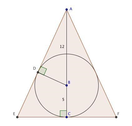 What is the length of the base of an isosceles triangle if the center of the inscribed-example-1