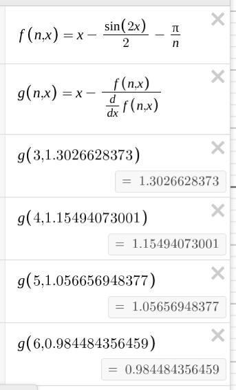 A. solve (1)/(n) \pi = \theta - (1)/(2)sin(2 \theta) for \theta in terms of &quot-example-1