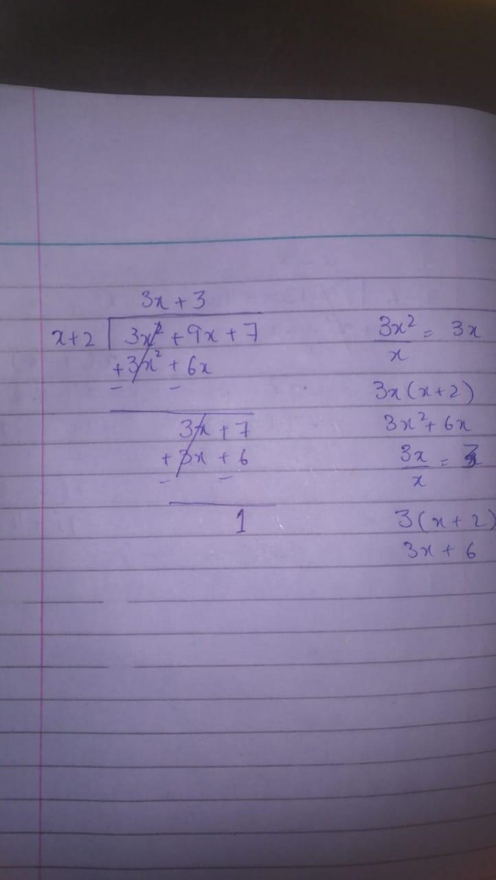 Divide (3x^2 + 9x + 7) divide by (x+2)-example-1