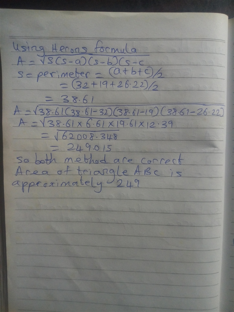 What is the area in square units of triangle ABC if a = 32, b = 19, and C = 55°?-example-2