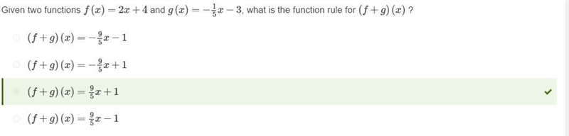 Given two functions f(x)=2x+4 and g(x)=−1/5x−3 , what is the function rule for (f-example-1