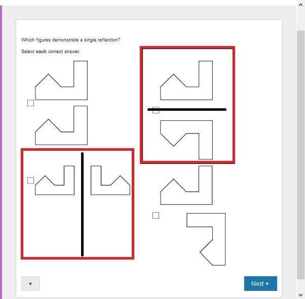 Which figures demonstrate a single reflection? Select each correct answer.-example-1