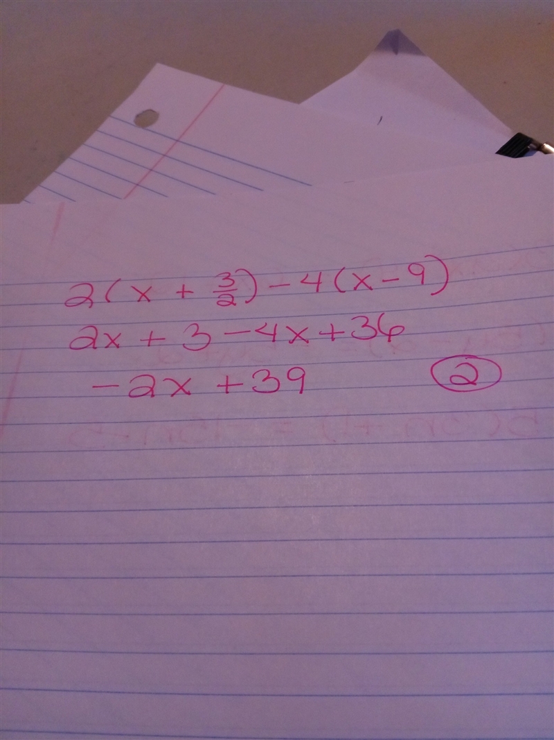 Which expressions are equivalent to 2(x + 3/2) - 4(x - 9) 1) 37x 2) -2x + 39 3) 2x-example-1