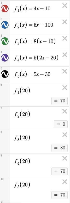 Let x = 20. Which expression has a value greater than 4x−10 ? 5x−100 8(x−10) 5(2x-example-1