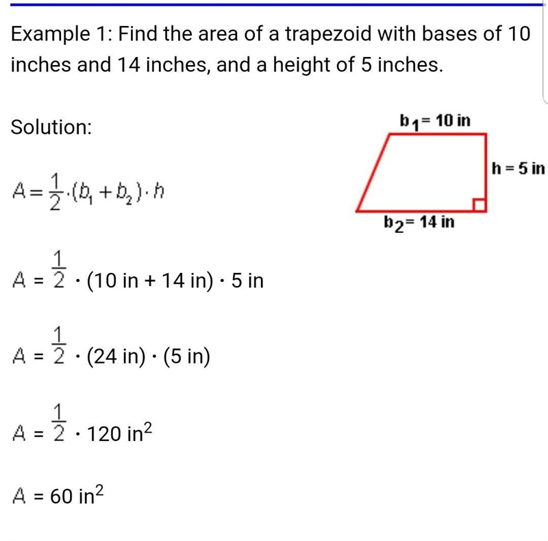 to find the area of a trapezoid use the expression 1/2h (b1 + b2), where h represents-example-2