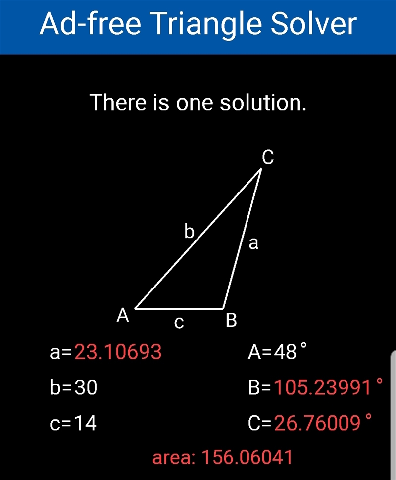 Find the area of the triangle with the given measurements. A = 48°, b = 30 ft, c = 14 ft-example-1