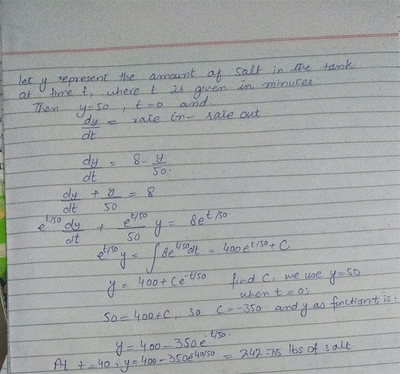 A tank initially contains 200 gallons of brine, with 50 pounds of salt in solution-example-1