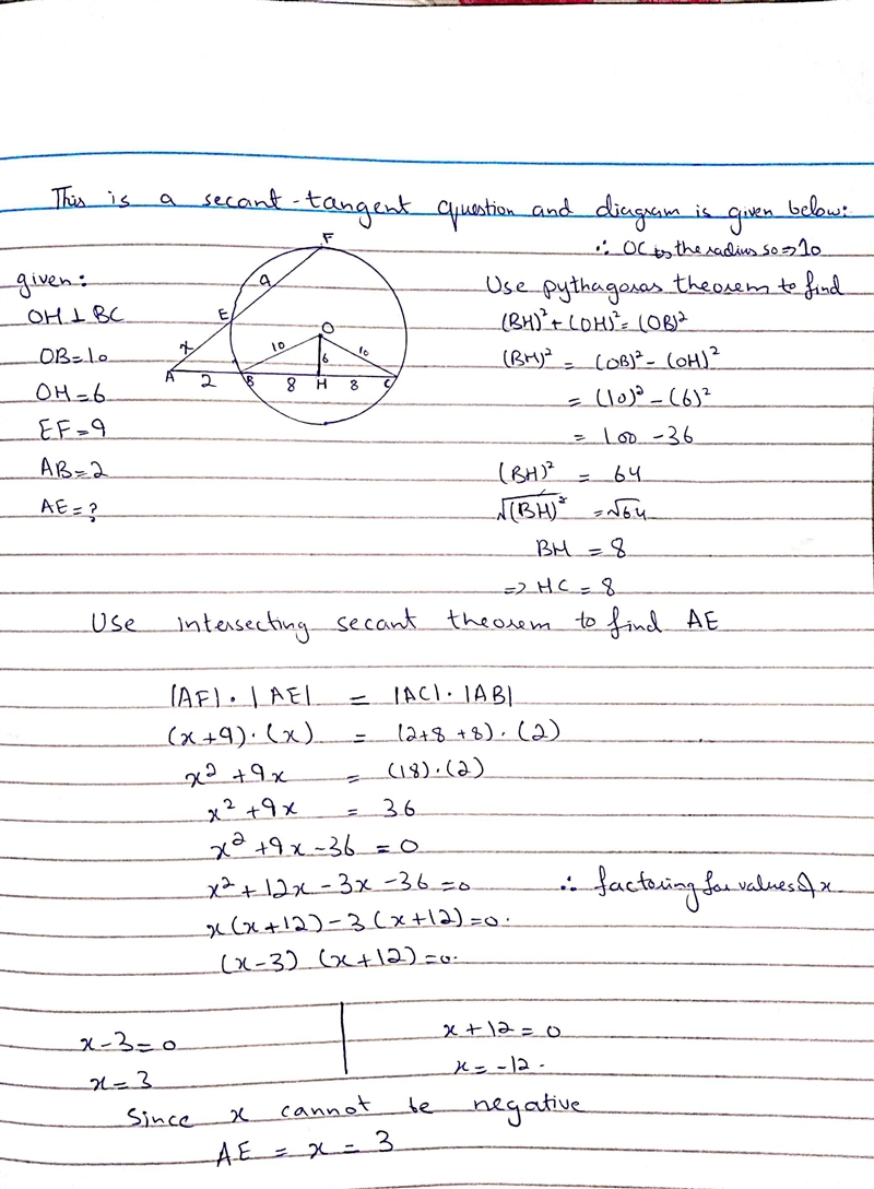 OH ⊥ BC , OB=10, OH=6, EF=9, AB=2 Find: AE.-example-1