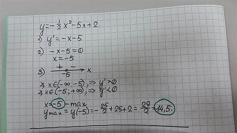 How do I solve for the minimum and maximum of the function y=-1/2x^2 -5x+2-example-1