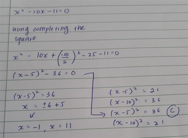 Consider the equation below. x^2 -10x-11=0 Determine which equation has the same solutions-example-1